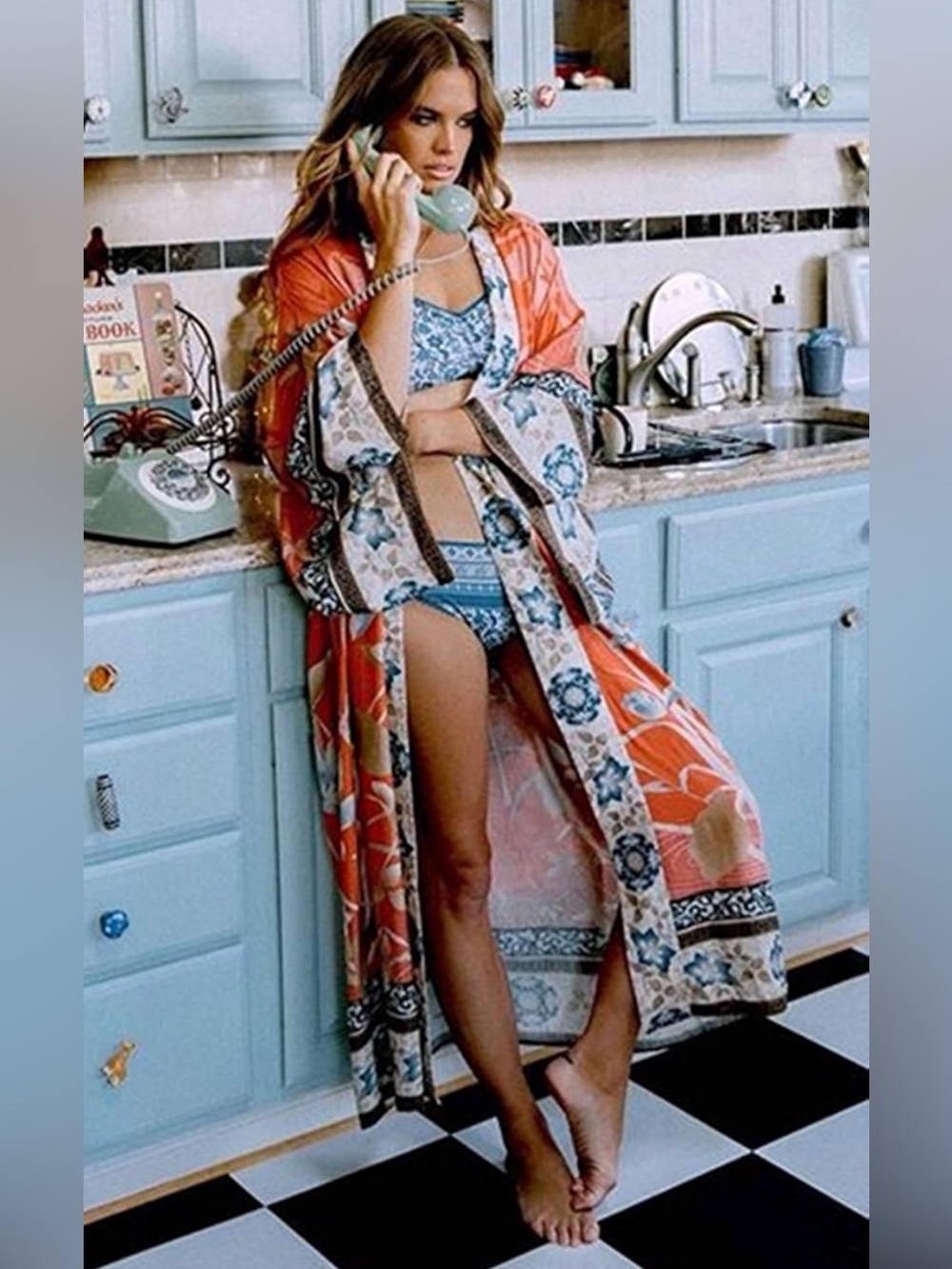 Vibrant Orange Floral Kimono Duster